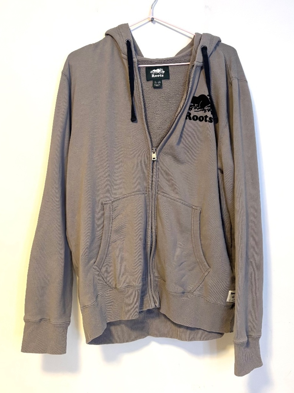 Roots Cotton Blend Full Zip Hoodie Sweatshirt Grey Beaver Logo Womens M Mens S
